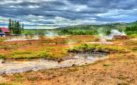 Geothermally active Haukadalur Valley in Southwest Icelandの写真素材