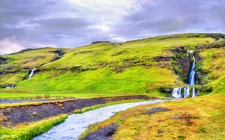 View of Gluggafoss or Merkjarfoss, a waterfall in southern Icelandの写真素材