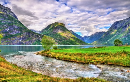 Oppstrynsvatn lake at Oppstryn village, Sogn og Fjordane county, Norwayの写真素材