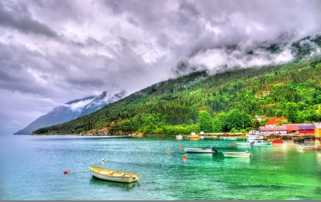 Harbor in Lustrafjorden fjord, Solvorn village in Norwayの写真素材