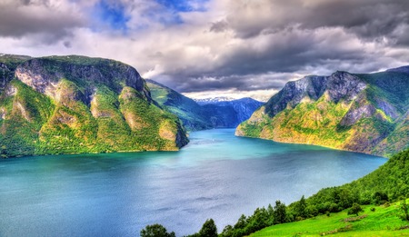 View of Aurlandsfjord, a branch of Sognefjord, from Stegastein viewpoint, Norwayの写真素材