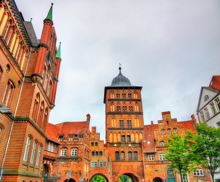 The Burgtor, the northern gate of the old town of Lubeck - Schleswig-Holstein, Germanyの写真素材