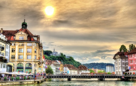 The river Reuss in Lucerne old town - Switzerlandの写真素材