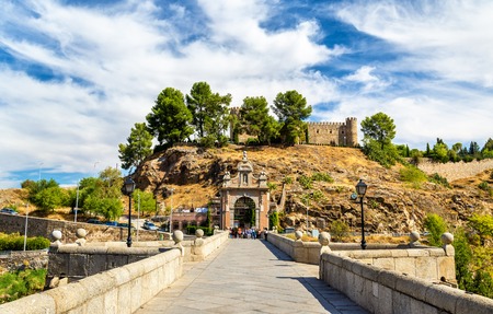 View of the Alcantara Bridge in Toledo, Spainの写真素材