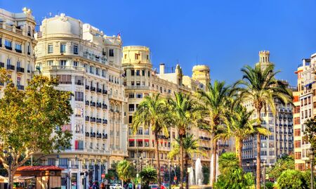 View of the Plaza del Ayuntamiento or the Modernisme Plaza of the City Hall of Valenciaの写真素材