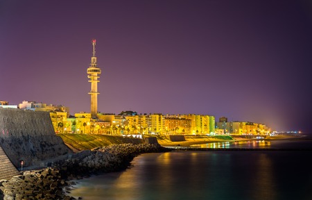 Night view of Cadiz with Tavira II Tower - Spain, Andalusiaの写真素材