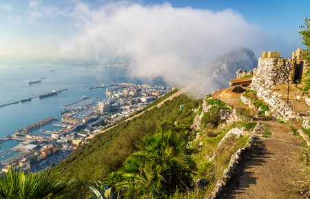 Rock of Gibraltar in fog. A British Overseas Territoryの写真素材