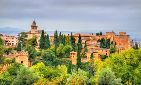 Panorama of the Alhambra, a palace and fortress complex in Granada, Spainの写真素材