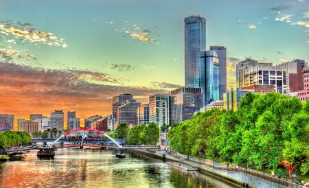 Sunset over the Yarra River in Melbourne, Australiaの写真素材