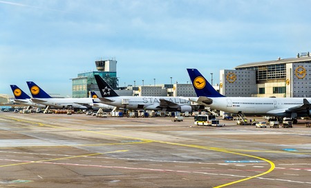 Lufthansa aircrafts at Frankfurt International airportのeditorial素材