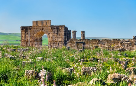 Caracalla Triumphal Arch at Volubilis, a UNESCO heritage site in Moroccoの写真素材