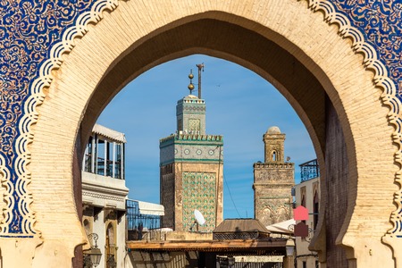 Minarets of Fes seen throuth Bab Bou Jeloud Gate. Moroccoの写真素材