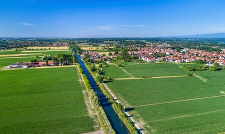 Aerial view of the Rhone - Rhine Canal near Strasbourg in Alsace, Franceの写真素材