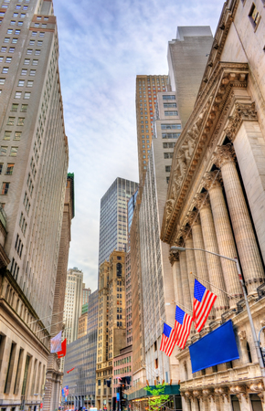 Buildings on Wall Street in Manhattan - New York City, USAの写真素材