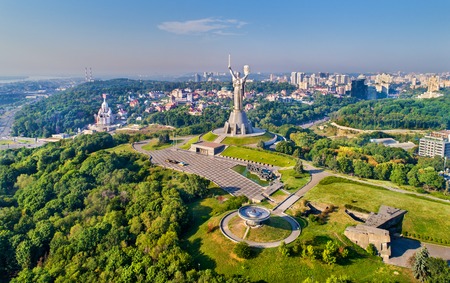 Aerial view of the Motherland Monument and the Second World War Museum in Kiev, Ukraineの写真素材