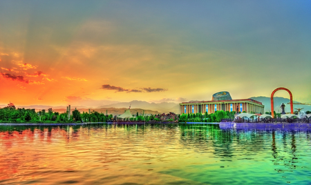 Artificial lake at Flagpole Park in Dushanbe, Tajikistanの写真素材