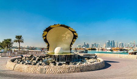 Oyster and Pearl Fountain on Corniche Seaside Promenade in Doha, Qatarの写真素材