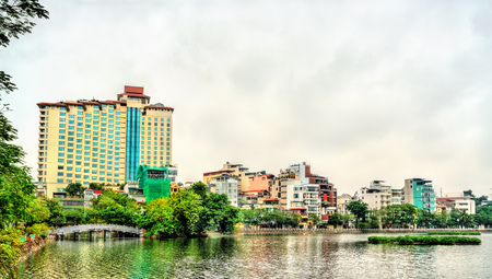 Cityscape of Hanoi at Truc Bach Lake, Vietnamの写真素材