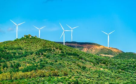 Wind turbines at the Gulf of Patras in Greeceの写真素材