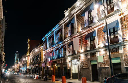Traditional buildings in Puebla, Mexico, at nightのeditorial素材