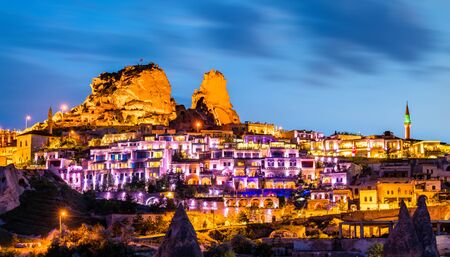 View of Uchisar with the castle at sunset. Cappadocia, Turkeyのeditorial素材