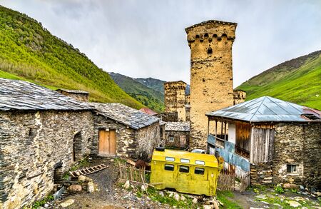 Traditional Svan towers in Chazhashi. Upper Svaneti, UNESCO world heritage in Georgia