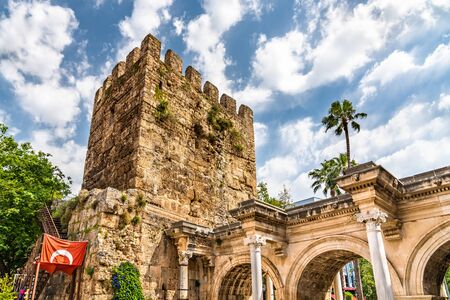 View of Hadrian Gate, a triumphal arch in Antalya, Turkeyの写真素材