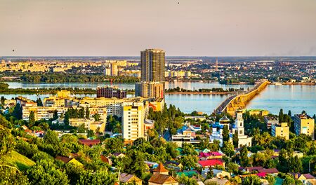 Saratov - Engels bridge across the Volga and the Cathedral in Saratov, Russiaの写真素材