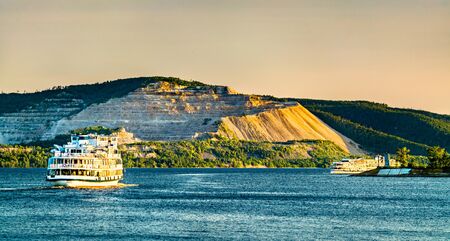 Cruise ships on the Volga river near Tolyatti in Samara Oblast of Russiaの写真素材