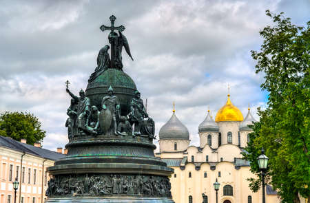 The Millennium of Russia monument with Saint Sophia Cathedral in the Novgorod Kremlin, Russiaのeditorial素材
