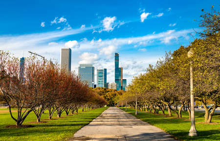 Skyline of Chicago at Grant Park in Illinois, United Statesの写真素材