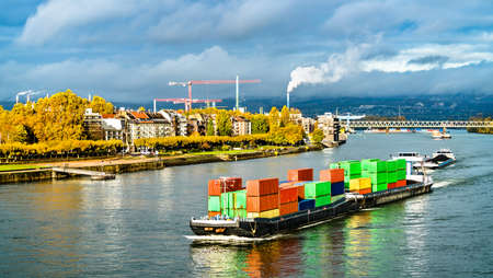 Container ship on the Rhine River in Mainz, Germanyの写真素材