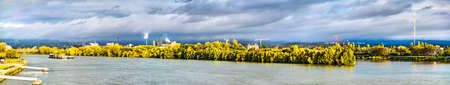 Panorama of the Rhine river between Mainz and Wiesbaden in Germany