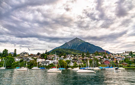 Niesen Mountain in Bernese Oberland, Switzerland as seen from Spiezの写真素材
