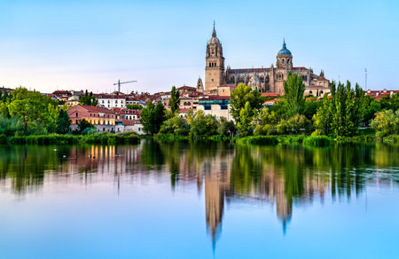 Salamanca Cathedral reflecting in the Tormes river in Spainの写真素材