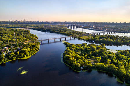Dnieper with Petrovsky Railway Bridge in Kiev, Ukraineの写真素材