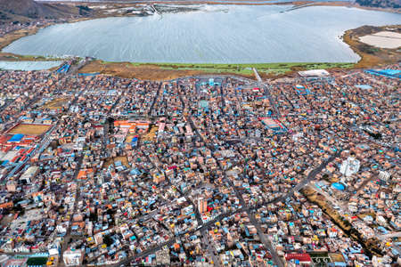 Top-down view of Puno town in Peruの写真素材