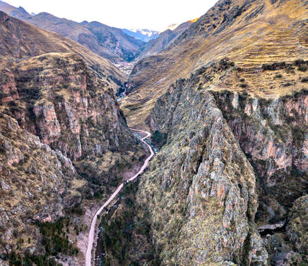 Deep canyon between Vinicunca and Palccoyo Rainbow Mountains in the Andes of Peru