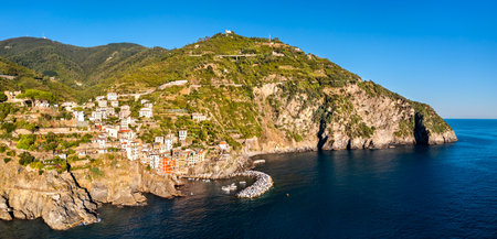 Aerial view of Riomaggiore village at the Cinque Terre in Liguria, Italyの写真素材