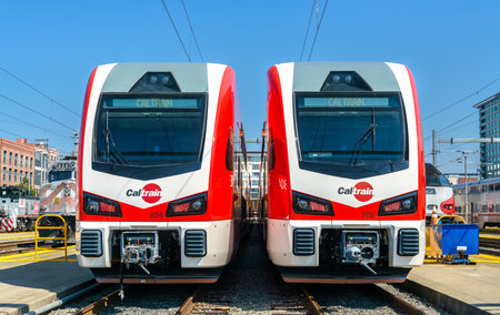 San Francisco, California - September 23, 2023: New electric trains at San Francisco Station. The Stadler KISS EMUs will start operation in 2024 after completion of the Caltrain Electrification Projectのeditorial素材