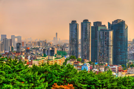 Seoul City Skyline from Namsan Mountain Park in South Koreaの写真素材