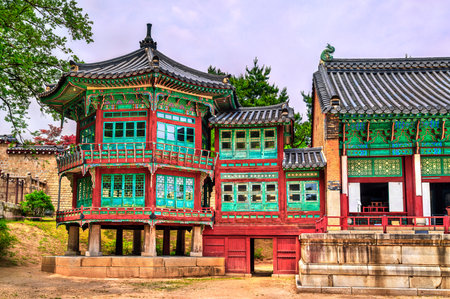 Traditional architecture of Jibokjae Hall at Gyeongbokgung Palace in Seoul, South Koreaの写真素材