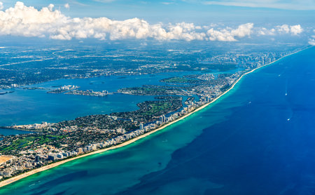 Aerial bird eye view of Miami Beach on the Atlantic coast in Florida, United Statesの写真素材