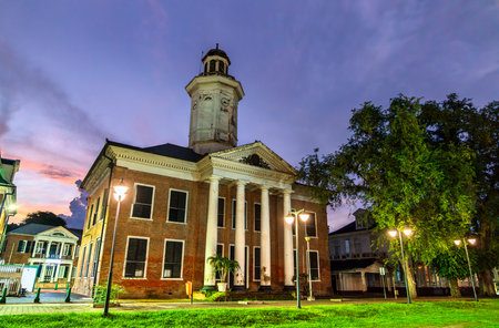 Historic building of Ministry of Finance of Suriname in Paramaribo at sunset