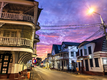 Architecture of Historic Inner City of Paramaribo at sunset, UNESCO world heritage in Surinameの写真素材