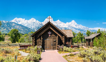 Historic Chapel of the Transfiguration in Grand Teton National Park, Wyoming, United Statesの写真素材