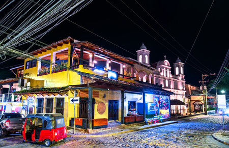 Typical architecture at the Central Park of Copan Ruinas town near the Mayan archaeological site of...