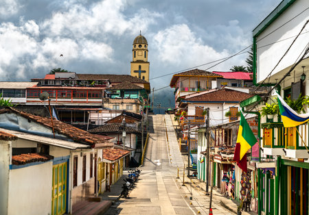 Traditional street of Salento with colonial architecture. UNESCO world heritage in Quindio, Colombiaの写真素材