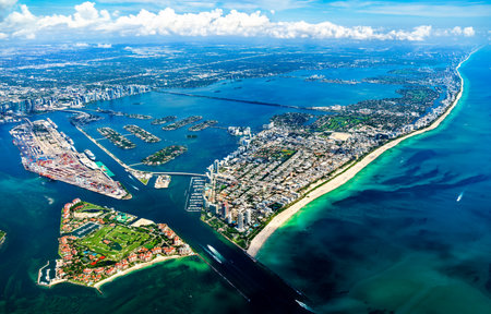 Aerial view of Miami Beach, Dodge Island, Fisher Island, and surrounding islands in Biscayne Bay, Florida, United Statesの写真素材