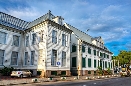 National Assembly in a historic building in Paramaribo, the capital of Suriname in South Americaの写真素材